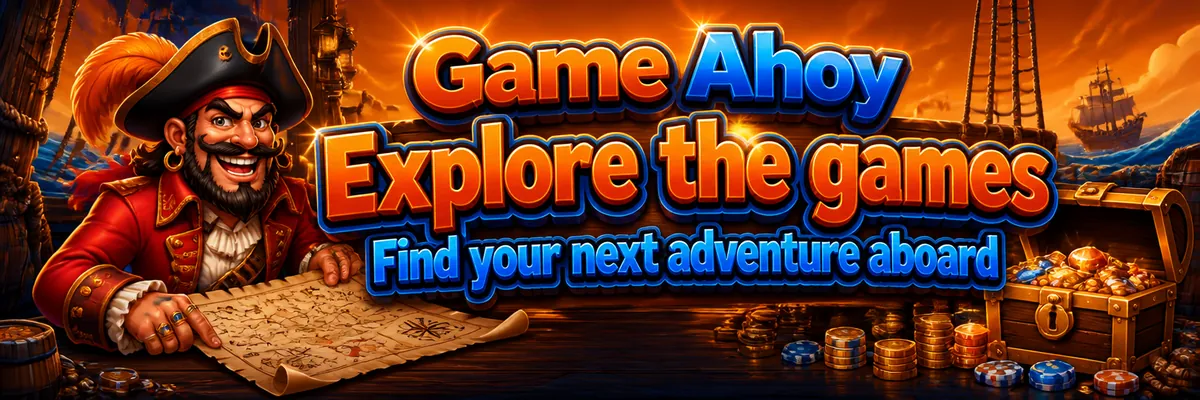 Pirate captain studies a map beside a treasure chest and scattered game tokens on the wooden deck.